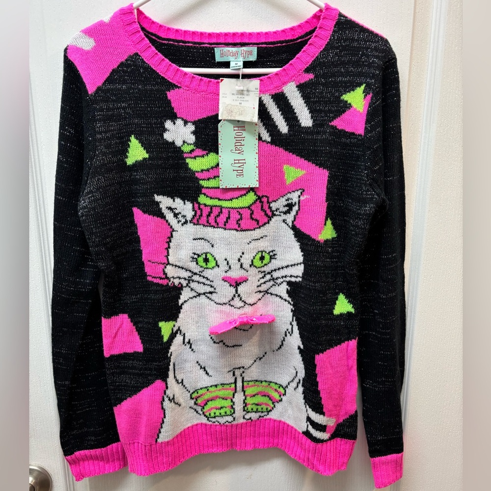NWT Holiday Hype Ladies Christmas 🎄 White Party Cat 🐈 w/Bow Tie Sweater Size MED